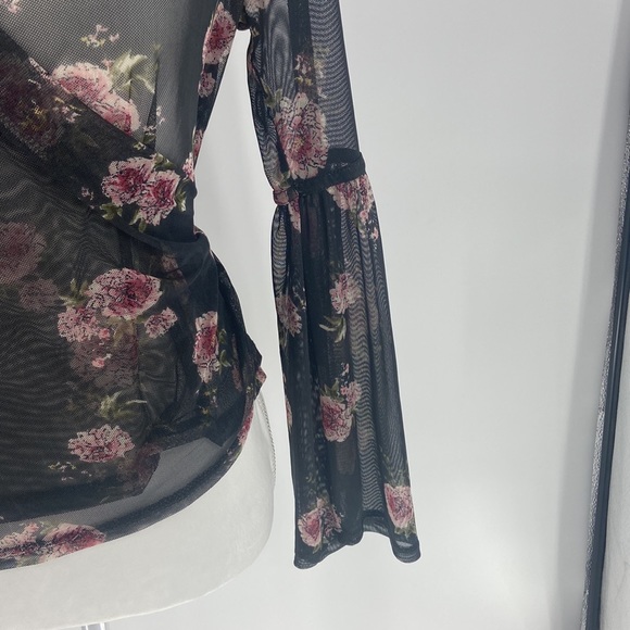 Bongo sheer romantic roses faux wrap blouse Gothic wide bell sleeve large - Picture 11 of 16